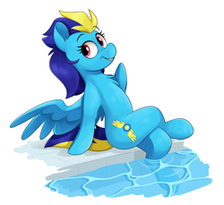 Size: 3453x3162 | Tagged: safe, artist:luximus17, derpibooru import, oc, oc only, oc:blue angel, pegasus, pony, female, leaning, leaning back, looking at you, mare, poolside, sitting, smiling, smiling at you, solo, spread wings, water, wings