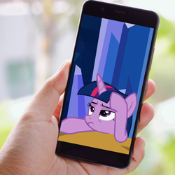 Size: 600x600 | Tagged: safe, screencap, twilight sparkle, twilight sparkle (alicorn), alicorn, human, pony, made in manehattan, bored, cropped, ears, facedesk, floppy ears, frown, grumpy twilight, offscreen human, sigh, solo