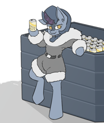 Size: 3508x4134 | Tagged: safe, artist:sneetymist, derpibooru import, oc, oc only, oc:winter peak, kirin, alcohol, beer, beer can, belt, bipedal, bipedal leaning, clothes, crate, drink, female, fluffy, fur coat, fur collar, jacket, kirin beer, leaning, looking at you, no pupils, no tail, parka, simple background, smiling, smirk, solo, uniform, winter outfit