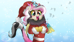 Size: 700x400 | Tagged: safe, artist:pizza lord, derpibooru import, oc, oc:ulysses, draconequus, hybrid, caroling, christmas, clothes, hat, hearts warming day, holiday, interspecies offspring, music notes, offspring, parent:discord, parent:fluttershy, parents:discoshy, santa hat, singing, winter, winter outfit, young