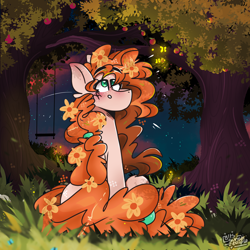 Size: 3000x3000 | Tagged: safe, artist:its_sunsetdraws, derpibooru import, pear butter, butterfly, earth pony, firefly (insect), insect, pony, apple, apple tree, cheek fluff, digital art, fanart, flower, flower in hair, flower in tail, food, grass, grass field, night, night sky, poofy mane, sitting, sky, solo, sunflower, swing, tree
