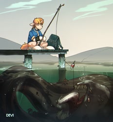 Size: 1938x2088 | Tagged: safe, artist:devi_shade, artist:dodo, derpibooru import, oc, oc only, pony, unicorn, fallout equestria, backpack, clothes, fishing rod, monster, pier, pipbuck, solo, this will not end well, vault suit, water