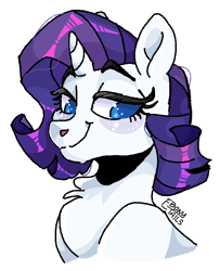 Size: 725x891 | Tagged: safe, artist:ebonytails, derpibooru import, rarity, pony, unicorn, bust, chest fluff, eyelashes, female, lidded eyes, mare, signature, simple background, smiling, solo, white background