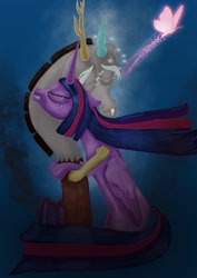 Size: 2480x3508 | Tagged: safe, artist:short tale, derpibooru import, discord, twilight sparkle, twilight sparkle (alicorn), alicorn, butterfly, pony, cloud, cover art, crying, digital art, female, hug, hugging a pony, sad, smoke, sparkles