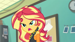 Size: 3410x1920 | Tagged: safe, derpibooru import, screencap, sunset shimmer, better together, equestria girls, forgotten friendship, clothes, cutie mark, cutie mark on clothes, female, geode of empathy, jacket, jewelry, leather, leather jacket, magical geodes, necklace, open mouth, solo