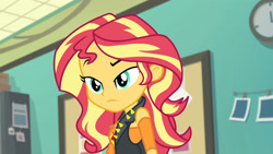 Size: 3410x1920 | Tagged: safe, derpibooru import, screencap, sunset shimmer, better together, equestria girls, forgotten friendship, clothes, cutie mark, cutie mark on clothes, female, geode of empathy, jacket, jewelry, leather, leather jacket, magical geodes, necklace, solo