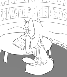 Size: 3104x3543 | Tagged: safe, artist:gnashie, derpibooru import, twilight sparkle, twilight sparkle (alicorn), alicorn, book, bookshelf, facing away, reading, rug, sitting, table