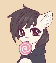 Size: 574x651 | Tagged: safe, artist:inowiseei, derpibooru import, pony, candy, clothes, ear fluff, ears, food, hoodie, lollipop, solo