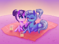 Size: 2048x1536 | Tagged: safe, artist:cloudberry_mess, derpibooru import, starlight glimmer, trixie, pony, unicorn, alternate hairstyle, curved horn, female, glass, horn, lesbian, picnic blanket, ponytail, shipping, startrix, straw