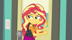 Size: 3410x1920 | Tagged: safe, derpibooru import, screencap, sunset shimmer, better together, equestria girls, forgotten friendship, clothes, cutie mark, cutie mark on clothes, female, geode of empathy, jacket, jewelry, leather, leather jacket, magical geodes, necklace, solo