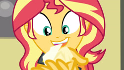 Size: 3410x1920 | Tagged: safe, derpibooru import, screencap, sunset shimmer, better together, equestria girls, forgotten friendship, clothes, cute, female, jacket, leather, leather jacket, open mouth, paper, shimmerbetes, smiling, solo