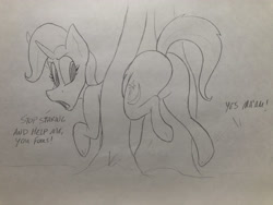 Size: 4032x3024 | Tagged: safe, artist:dynamo1940, derpibooru import, trixie, pony, unicorn, butt, dialogue, female, implied snails, implied snips, large butt, looking back, mare, monochrome, offscreen character, open mouth, pencil drawing, plot, solo, stuck, the great and powerful ass, traditional art