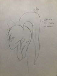 Size: 3024x4032 | Tagged: safe, artist:dynamo1940, derpibooru import, fluttershy, bird, pegasus, pony, butt, dialogue, female, flutterbutt, large butt, mare, monochrome, pencil drawing, plump, solo, stuck, the ass was fat, too fat to fit, traditional art, tree