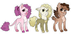 Size: 3081x1475 | Tagged: safe, artist:moccabliss, derpibooru import, oc, oc only, oc:rocky road, oc:strawberry shake, oc:vanilla bean, hippogriff, hybrid, fledgeling, interspecies offspring, magical lesbian spawn, offspring, parent:gilda, parent:pinkie pie, parents:gildapie, simple background, transparent background