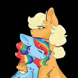 Size: 1280x1280 | Tagged: safe, artist:a-x-o, derpibooru import, applejack, rainbow dash, earth pony, pegasus, pony, appledash, black background, ears, female, floppy ears, height difference, lesbian, mare, shipping, simple background