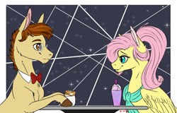 Size: 1426x912 | Tagged: safe, artist:eperyton, derpibooru import, fluttershy, oc, earth pony, pegasus, pony, bowtie, canon x oc, clothes, coffee, earth pony oc, female, food, glasses, latte, looking at each other, male, milkshake, scarf, shipping, smiling, straight, unicorn frappuccino, wings