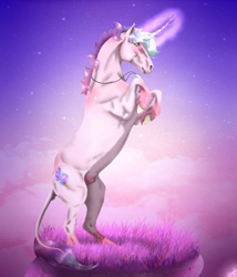 Size: 600x700 | Tagged: safe, artist:eperyton, derpibooru import, oc, oc only, pony, unicorn, floating island, glowing horn, horn, jewelry, leonine tail, necklace, outdoors, rearing, solo, unicorn oc