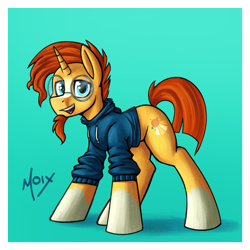 Size: 2000x2000 | Tagged: safe, artist:supermoix, derpibooru import, sunburst, pony, unicorn, blaze (coat marking), bottomless, clothes, coat markings, cute, facial hair, facial markings, glasses, goatee, high res, hoodie, horn, looking at you, male, nudity, open mouth, partial nudity, raised tail, signature, smiling, socks (coat marking), solo, stallion, standing, sunburst's glasses, tail
