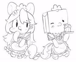 Size: 1248x1019 | Tagged: safe, artist:bubbletea, derpibooru import, oc, oc:paper bag, earth pony, pegasus, bipedal, black and white, chibi, clothes, cosplay, costume, cute, doodle, dress, fanart, food, grayscale, maid, monochrome, muffin, original art, sketch