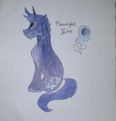 Size: 2424x2540 | Tagged: safe, artist:goldlines005, derpibooru import, oc, oc:moonlight shine, pony, unicorn, chest fluff, horn, male, reference sheet, solo, stallion, traditional art, unicorn oc