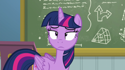 Size: 1280x720 | Tagged: safe, derpibooru import, screencap, twilight sparkle, twilight sparkle (alicorn), alicorn, pony, season 6, top bolt, chalkboard, female, magic, magic aura, mare, solo, telekinesis, twilight is not amused, unamused