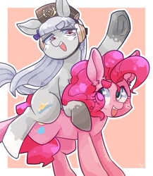 Size: 1301x1501 | Tagged: safe, artist:temmie-kun, derpibooru import, pinkie pie, earth pony, pony, anime, crossover, ear fluff, ears, female, frog (hoof), gold ship, hat, horse riding a horse, mare, open mouth, ponified, uma musume pretty derby, underhoof