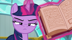 Size: 1280x720 | Tagged: safe, derpibooru import, screencap, twilight sparkle, twilight sparkle (alicorn), alicorn, pony, season 6, top bolt, book, female, magic, magic aura, mare, solo, telekinesis, twilight is not amused, unamused