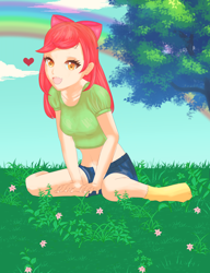 Size: 4000x5200 | Tagged: safe, artist:krissora, derpibooru import, apple bloom, human, clothes, heart, humanized, midriff, missing shoes, rainbow, socks, solo, stocking feet, tree