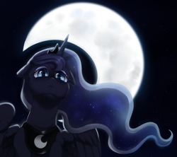 Size: 1260x1120 | Tagged: safe, artist:ghoasthead, derpibooru import, princess luna, alicorn, pony, ears, ethereal mane, female, floppy ears, looking at you, looking down, looking down at you, low angle, mare, moon, night, sad, sky, solo, starry mane, stars