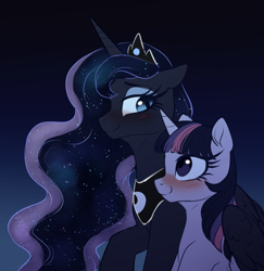 Size: 1280x1315 | Tagged: safe, artist:ghoasthead, derpibooru import, princess luna, twilight sparkle, alicorn, pony, blushing, ethereal mane, female, gradient background, hug, lesbian, looking at each other, mare, shipping, smiling, smiling at each other, starry mane, twiluna, winghug, wings