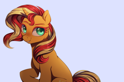 Size: 1280x848 | Tagged: safe, artist:ghoasthead, derpibooru import, sunset shimmer, pony, unicorn, blushing, female, looking at you, mare, simple background, sitting, smiling, smiling at you, solo, white background
