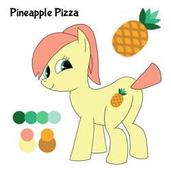 Size: 1280x1280 | Tagged: safe, artist:pi, derpibooru import, oc, oc only, oc:pineapple pizza, earth pony, pony, butt, chubby, colored, cutie mark, female, flat colors, food, mare, pineapple, plot, ponytail, reference sheet, short tail, simple background, solo, white background