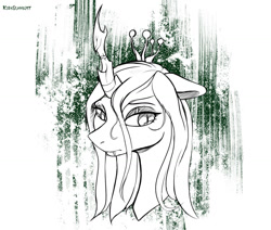 Size: 1024x870 | Tagged: safe, artist:kirasunnight, derpibooru import, queen chrysalis, changeling, changeling queen, abstract background, bust, fangs, female, lidded eyes, partial color, portrait, quadrupedal, slit eyes, solo, zoomorphic