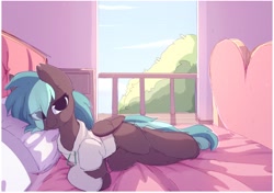 Size: 2178x1536 | Tagged: safe, artist:little-sketches, derpibooru import, oc, oc only, oc:breeze packets, pegasus, pony, bed, clothes, female, hoodie, looking at you, lying down, lying on bed, mare, on bed, solo