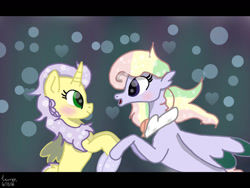 Size: 1280x960 | Tagged: safe, artist:sugarlemon1127, derpibooru import, alicorn, pegasus, pony, seapony (g4), blushing, bubble, female, fin wings, fins, flowing mane, green eyes, horn, jewelry, looking at each other, multicolored hair, necklace, ocean, open mouth, purple mane, seaponified, signature, simple background, smiling, species swap, underwater, water, wings