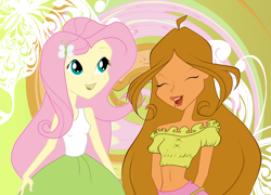 Size: 2888x2076 | Tagged: safe, artist:azuraxp, derpibooru import, fluttershy, human, equestria girls, barely eqg related, chat, chatting, clothes, crossover, duo, duo female, eyes closed, female, flora (winx club), hairpin, hands behind back, high res, open mouth, open smile, smiling, winx club