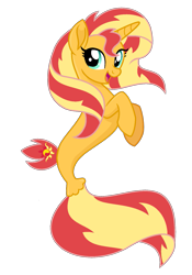 Size: 1143x1636 | Tagged: safe, artist:youraveragepony, derpibooru import, sunset shimmer, pony, seapony (g4), unicorn, dorsal fin, female, fish tail, flowing mane, flowing tail, green eyes, horn, looking at you, open mouth, open smile, seaponified, seapony sunset, simple background, smiling, solo, species swap, tail, transparent background, vector