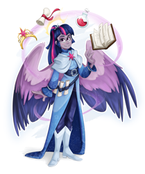 Size: 3041x3636 | Tagged: safe, artist:luximus17, derpibooru import, twilight sparkle, human, big crown thingy, book, element of magic, glasses, humanized, jewelry, regalia, scroll, solo, winged humanization, wings