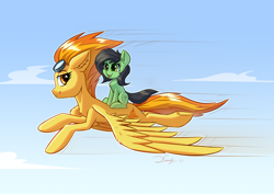 Size: 3508x2480 | Tagged: safe, artist:dandy, derpibooru import, spitfire, oc, oc:anon filly, earth pony, pegasus, pony, carrying, duo, female, filly, flying, goggles on head, mare, open mouth, open smile, ponies riding ponies, riding, sky, smiling, wings