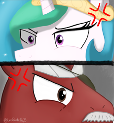 Size: 2794x3024 | Tagged: safe, artist:lordshrekzilla20, derpibooru import, princess celestia, oc, oc:onix star, fanfic:godzilla:clash of the titans, cross-popping veins, eye contact, fanfic art, glare, looking at each other