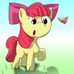 Size: 2000x2000 | Tagged: safe, artist:ricechexwithmilk, derpibooru import, apple bloom, butterfly, earth pony, female, filly, newbie artist training grounds, solo