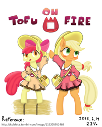Size: 800x988 | Tagged: safe, artist:ttpercent, derpibooru import, apple bloom, applejack, earth pony, pony, bipedal, clothes, duo, duo female, female, filly, hay bale, mare, siblings, simple background, white background