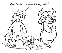 Size: 585x504 | Tagged: safe, artist:jargon scott, derpibooru import, sandbar, whoa nelly, yona, earth pony, semi-anthro, unicorn, yak, black and white, chubby, cloven hooves, dialogue, fat, fat yona, female, food, grayscale, male, mare, monochrome, popsicle, shipping, simple background, stallion, straight, tripping, vulgar, white background, yonabar