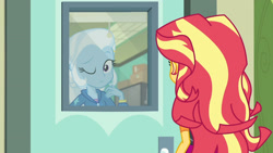 Size: 3410x1920 | Tagged: safe, derpibooru import, screencap, sunset shimmer, trixie, better together, equestria girls, forgotten friendship, clothes, cute, diatrixes, duo, duo female, female, hairpin, hoodie, jacket, leather, leather jacket, one eye closed