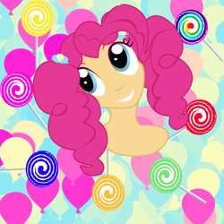 Size: 1920x1920 | Tagged: safe, artist:sarastudly, derpibooru import, pinkie pie, human, abstract background, bust, candy, eyelashes, female, food, humanized, lollipop, smiling, solo