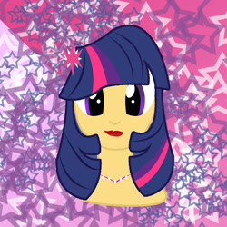 Size: 1440x1440 | Tagged: safe, artist:sarastudly, derpibooru import, twilight sparkle, human, abstract background, bust, eyelashes, female, humanized, jewelry, lipstick, necklace, smiling, solo