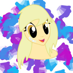 Size: 1440x1440 | Tagged: safe, artist:sarastudly, derpibooru import, derpy hooves, human, abstract background, alternative cutie mark placement, bust, eyelashes, female, humanized, smiling, solo