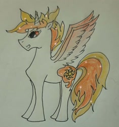 Size: 2816x3000 | Tagged: safe, artist:goldlines005, derpibooru import, oc, oc only, oc:sunrise, alicorn, pony, alicorn oc, horn, male, parent:princess celestia, solo, stallion, traditional art, wings