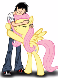 Size: 1936x2592 | Tagged: safe, alternate version, artist:ceehoff, derpibooru import, fluttershy, oc, human, pegasus, pony, bipedal, canon x oc, clothes, colored, duo, eyes closed, female, hug, human oc, male, mare, pants, shoes, signature, simple background, smiling, white background, wings