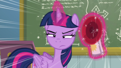 Size: 1280x720 | Tagged: safe, derpibooru import, screencap, twilight sparkle, twilight sparkle (alicorn), alicorn, pony, season 6, top bolt, airhorn, chalkboard, female, magic, magic aura, mare, solo, telekinesis, twilight is not amused, unamused